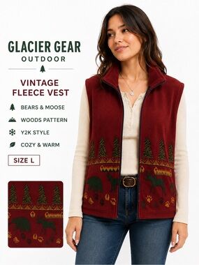 Vintage Glacier Gear Bear Moose Woodland Fleece Vest Size L Y2K Cabincore